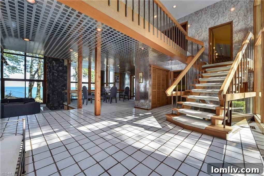 Great Room with Eclectic 1970s Flooring and Patterned Wallpaper