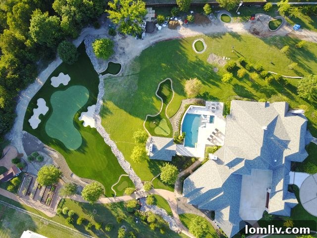 Custom 6-hole backyard golf course by Alford Homes, complete with artificial grass tee box for year-round play.