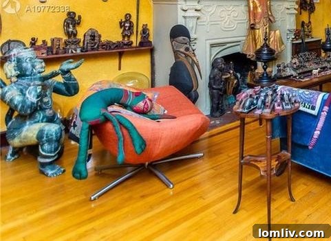 Intriguing display of art and collectibles within a vibrant living space.