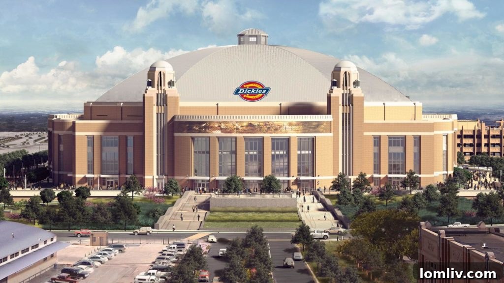 The impressive Dickies Arena, a modern landmark in Fort Worth's Cultural District, designed as a walkable destination.