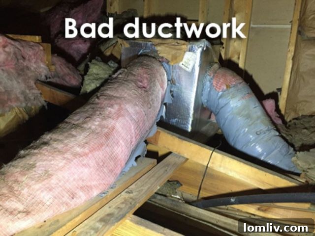 Visual example of old, leaking, and disintegrating HVAC ductwork insulation in an attic
