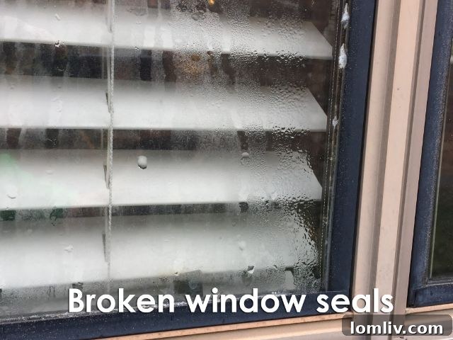 Double-pane window with visible condensation trapped between glass layers, indicating a broken hermetic seal