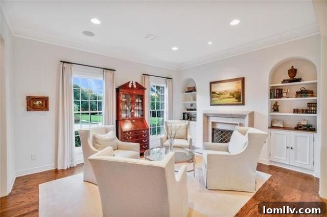 Formal Living Room with Fireplace and Built-in Bookcases