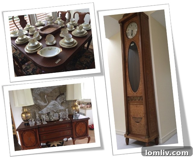 Eclectic living room of Unit 2B featuring an antique china service and a distinctive tall clock