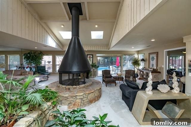 Spacious living room with large windows and circular fireplace