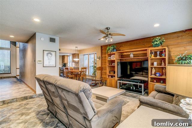 Architectural detail of the floor-to-ceiling brick fireplace