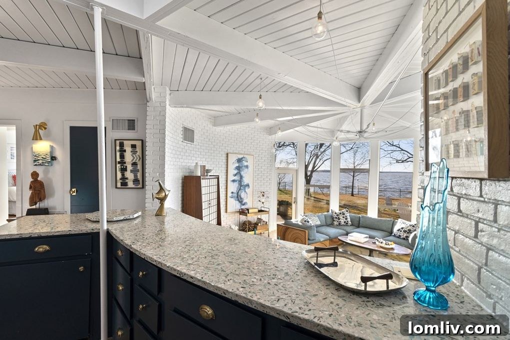 Modern kitchen with terrazzo countertops in the Cedar Creek Lake home