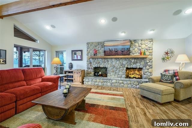 Spacious open-concept living area with lake views and a river rock fireplace