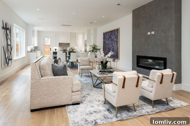 Contemporary kitchen and living area with access to balcony in Dallas duplex