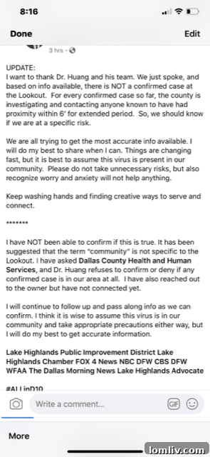 Official update from Dallas City Councilman Adam McGough regarding COVID-19 case at The Lookout Apartments
