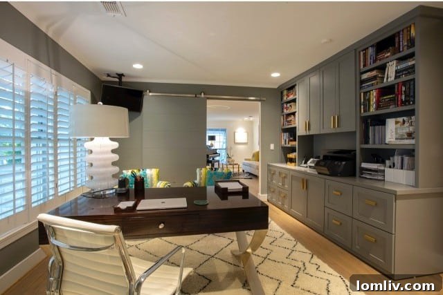 Teffy Jacobs' beautifully organized home office, featuring custom built-ins and a clutter-free desk space.