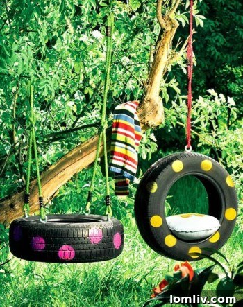 Backyard Builds for Endless Kid Fun 7 Children playing on a polka-dot painted tire swing