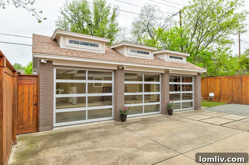 Three-car garage with industrial motorized doors, convertible into a party venue