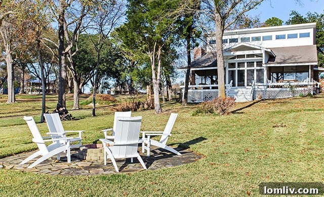 Backyard amenities include Adirondack chairs and a fire pit.