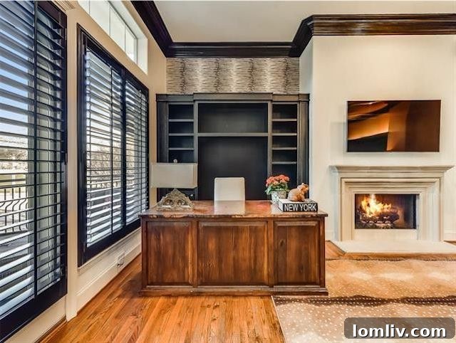 Luxurious living room of the Oak Lawn splurge townhome, featuring designer wallcoverings and high ceilings