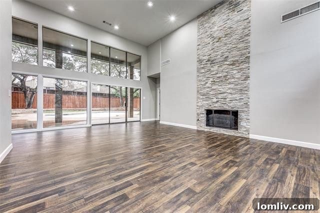 Bright and airy open living area with high ceilings and a cozy fireplace.