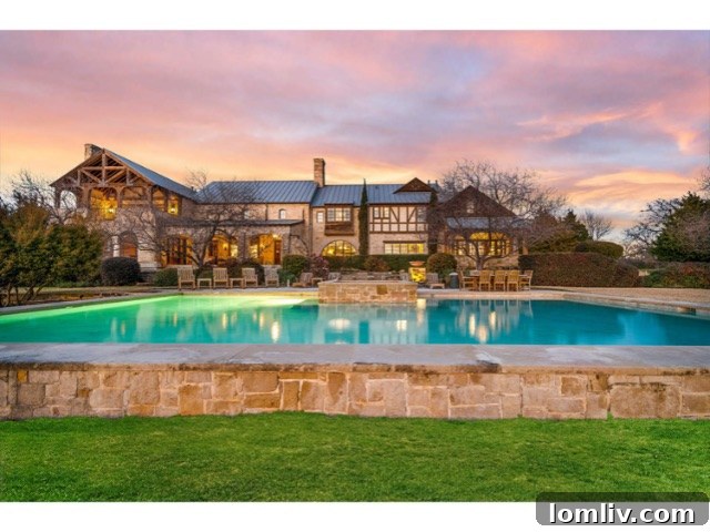 Expansive back view of a luxury lake house estate with lush landscaping and water features