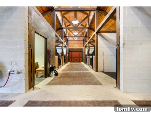 Interior view of the equestrian stable, showcasing well-maintained stalls and dedicated space for tack and feed