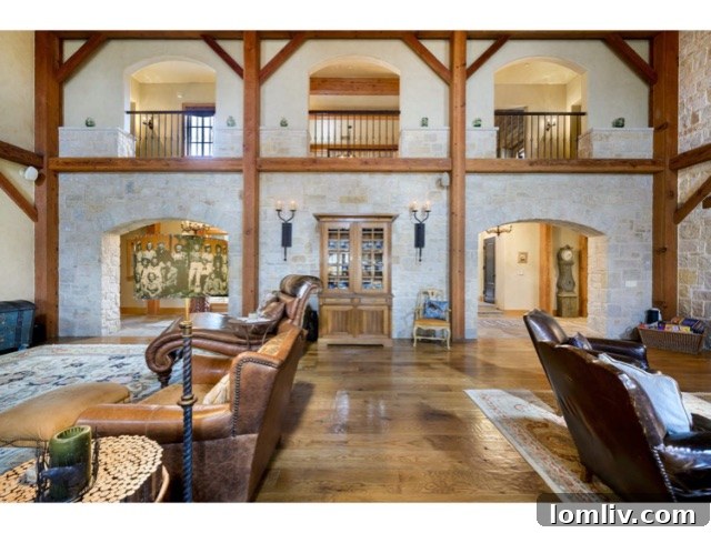 Stunning twilight view of the main luxury lake house glowing against the natural landscape, reflecting in the calm waters