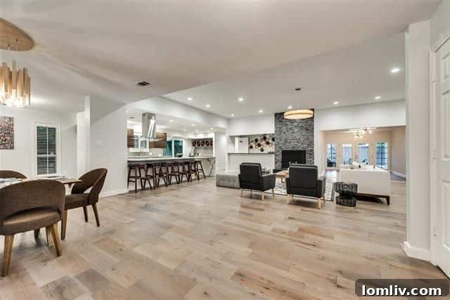 Modern kitchen with a striking waterfall quartz island and custom cabinetry, perfect for entertaining in this Lake Highlands 'splurge' property
