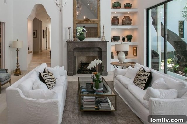 Spacious open-plan great room with cream limestone flooring and cathedral ceiling