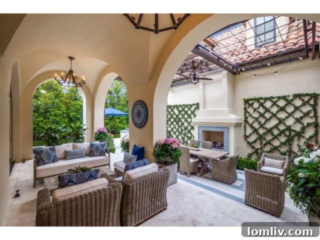 Stunning outdoor covered terrace with a pergola and outdoor fireplace, ideal for al fresco dining