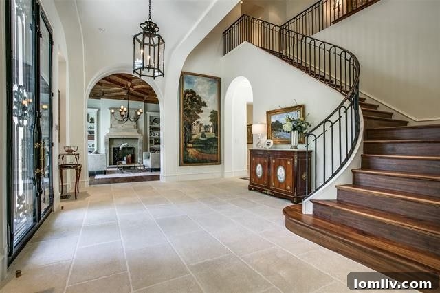 Grand entrance hall with a curving wrought iron staircase in the Dallas Mediterranean mansion