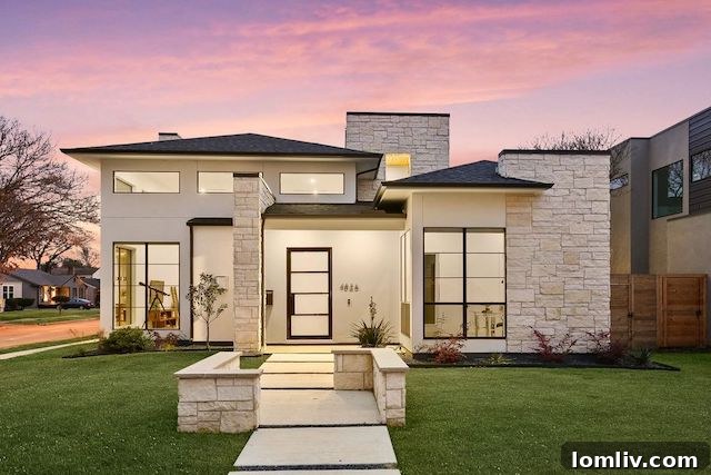 Modern transitional living room with soaring ceilings and large windows in a newly built Dallas home.