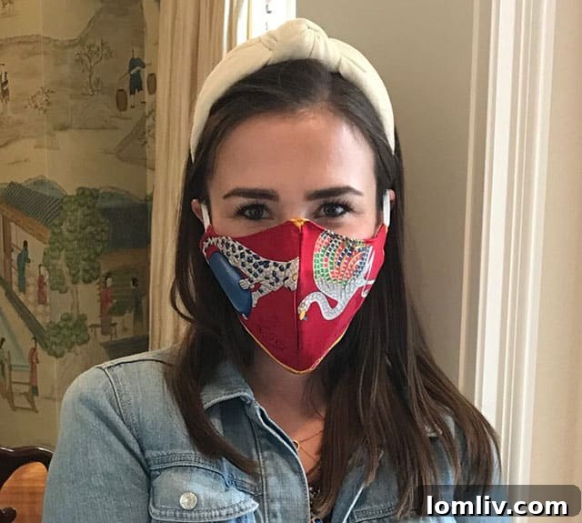 Annalee Aston in a stylish designer fabric mask