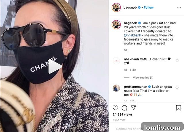 Tina Craig modeling a designer face mask, highlighting luxury fashion during the pandemic