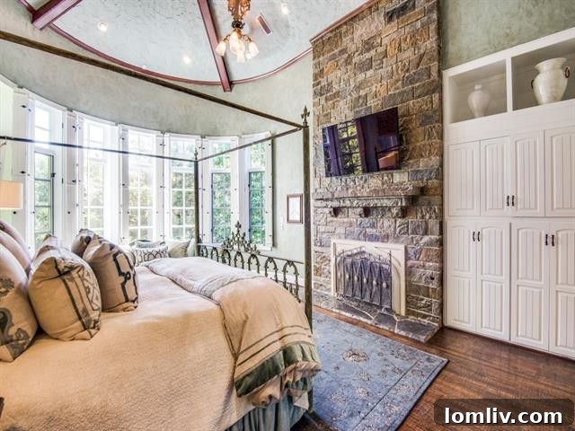 Luxurious master suite with 20-ft cathedral ceiling, stone fireplace and curved casement windows