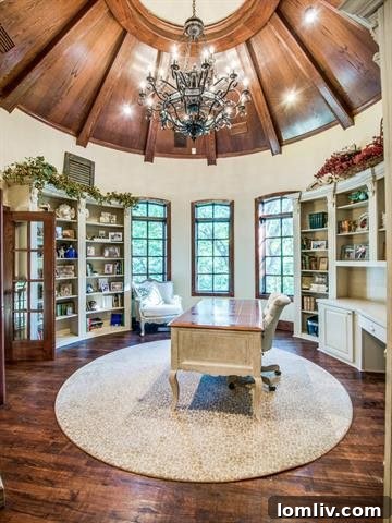 Elegant Oval Library with circular cathedral ceiling and French doors to Juliet balcony, overlooking the foyer
