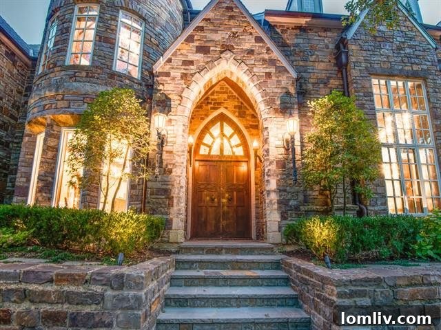 Detailed stonework and architectural features of the luxury estate exterior, highlighting craftsmanship