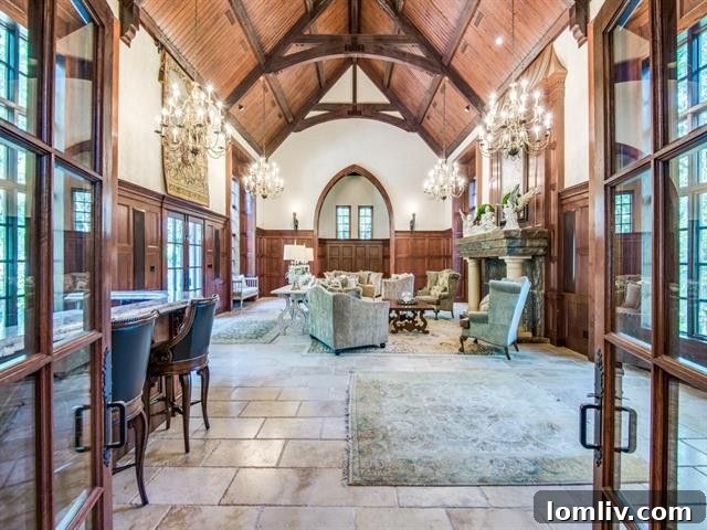 Great Hall with ornate 14-foot bar, Gothic arched entrance and antique chandelier, perfect for entertaining