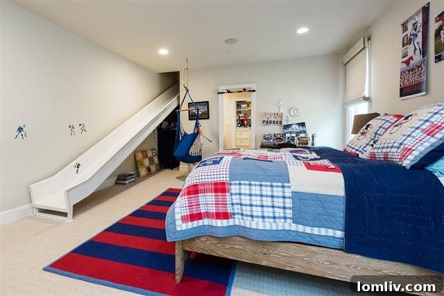 Kids' playroom with colorful decor and a custom slide