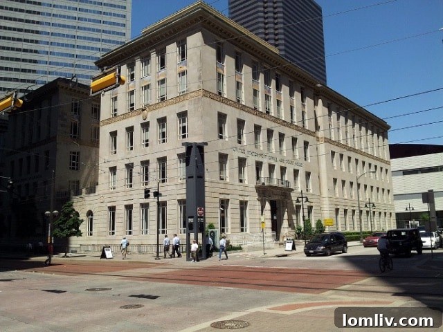 The exterior of the United States Post Office and Courthouse Building in downtown Dallas