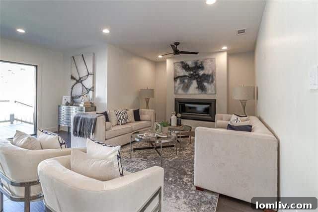 Spacious open-concept living area of the modern home, showcasing sleek finishes and abundant natural light