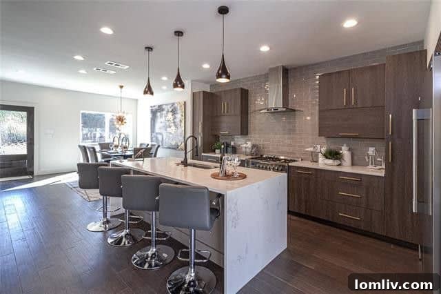Luxurious gourmet kitchen with a stunning waterfall island and custom cabinetry in the modern East Dallas home