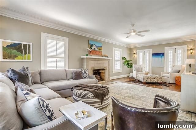 Living room with multiple seating areas and original 1920s fireplace in Berkley Place villa