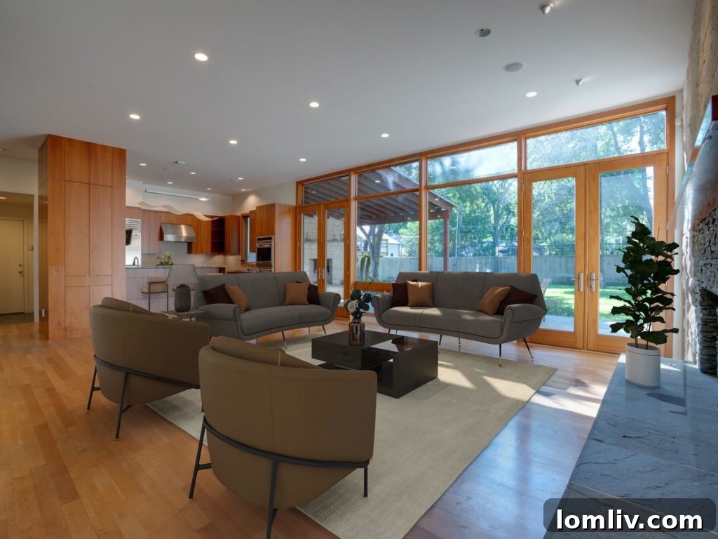 A serene living space featuring a fireplace and large windows overlooking the backyard