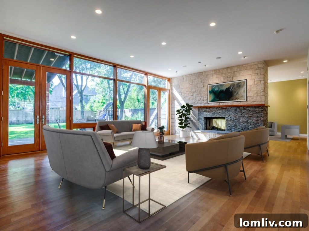 Elegant interior details showcasing natural woods and stone fireplace at 4411 Pomona