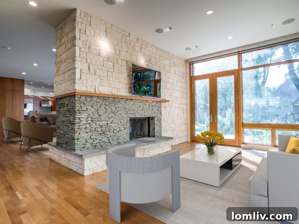 A closer view of the natural stone and wood elements in the home's design