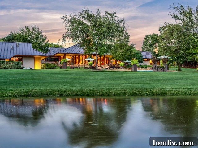 Luxury outdoor living space with putting green, pond, pool, and guest home at 4808 Bill Simmons Road