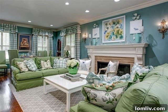 Vibrant living room with retro decor, floral art above fireplace, and robin's egg blue accents