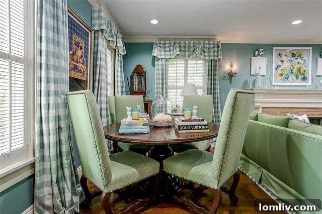 Close-up of classic chintz sofa with decorative pillows and taffeta curtains in a Fort Worth home