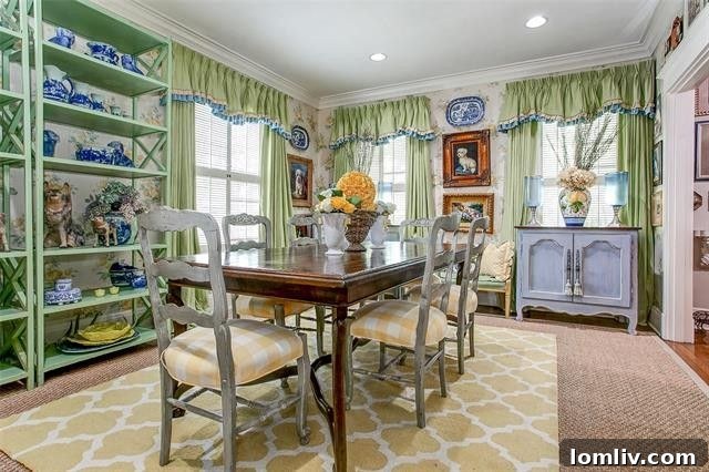 Stylish retro living room interior showcasing green, blue, and white color palette