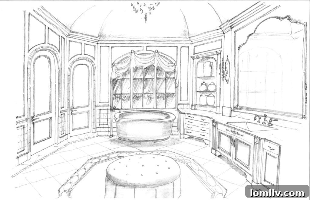 Detailed sketch of a luxurious custom bathroom by Bella Custom Homes