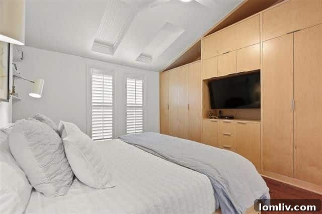 The serene master bedroom on the top floor, offering a 'treehouse' feel with expansive windows and abundant natural light.