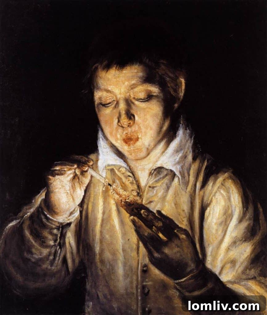 El Greco's 'Boy Blowing on an Ember,' a dramatic study of light and human focus, hinting at the depth of the Capodimonte collection.