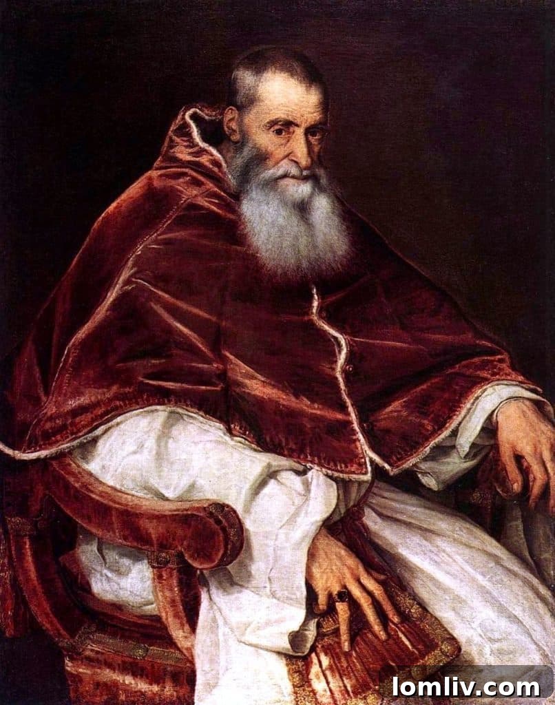 Titian's masterful portrait of Pope Paul III, capturing his shrewd intellect and authority in rich, detailed brushstrokes.